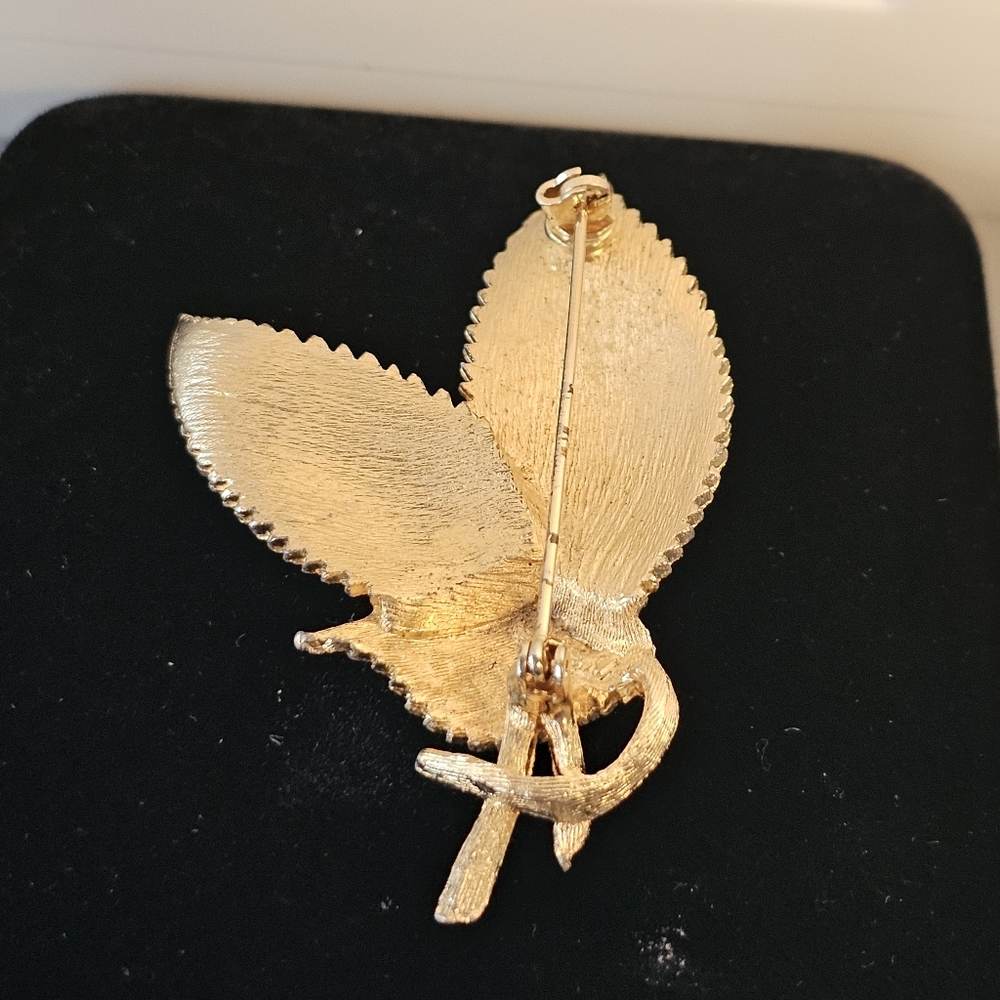 Vintage Signed BSK Gold Tone Large Double Leaf Brooch - Picture 5 of 8